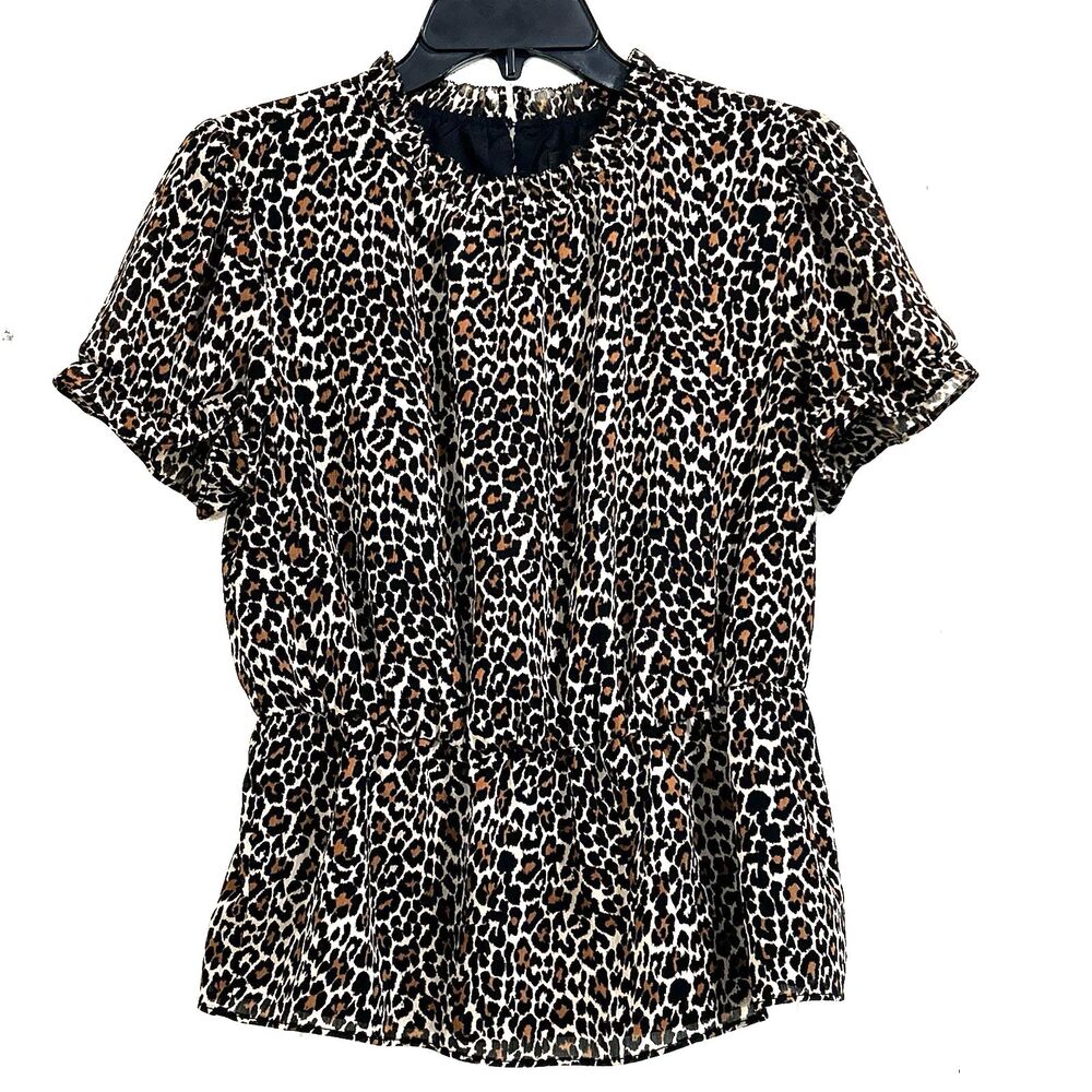 J.Crew Leopard Print Top Size Small Ruffle Neck Peplum Blouse Short Sleeve Lined